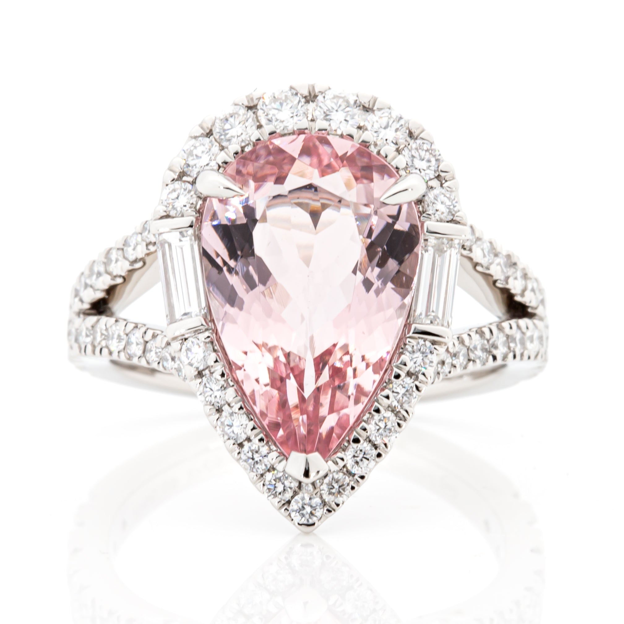 Top view of 3.52ct morganite and diamond halo ring in platinum PT950