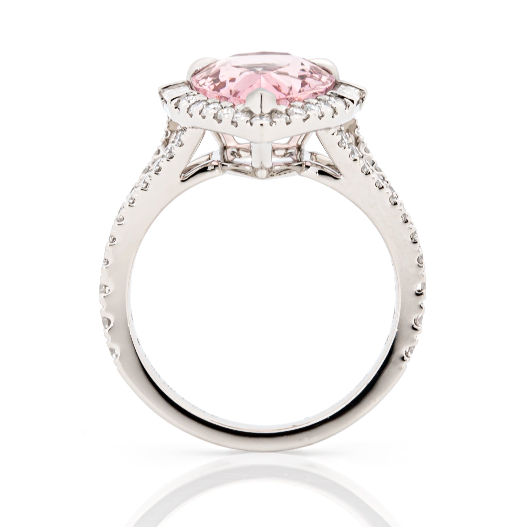 Profile angle showing morganite gemstone and diamond accents