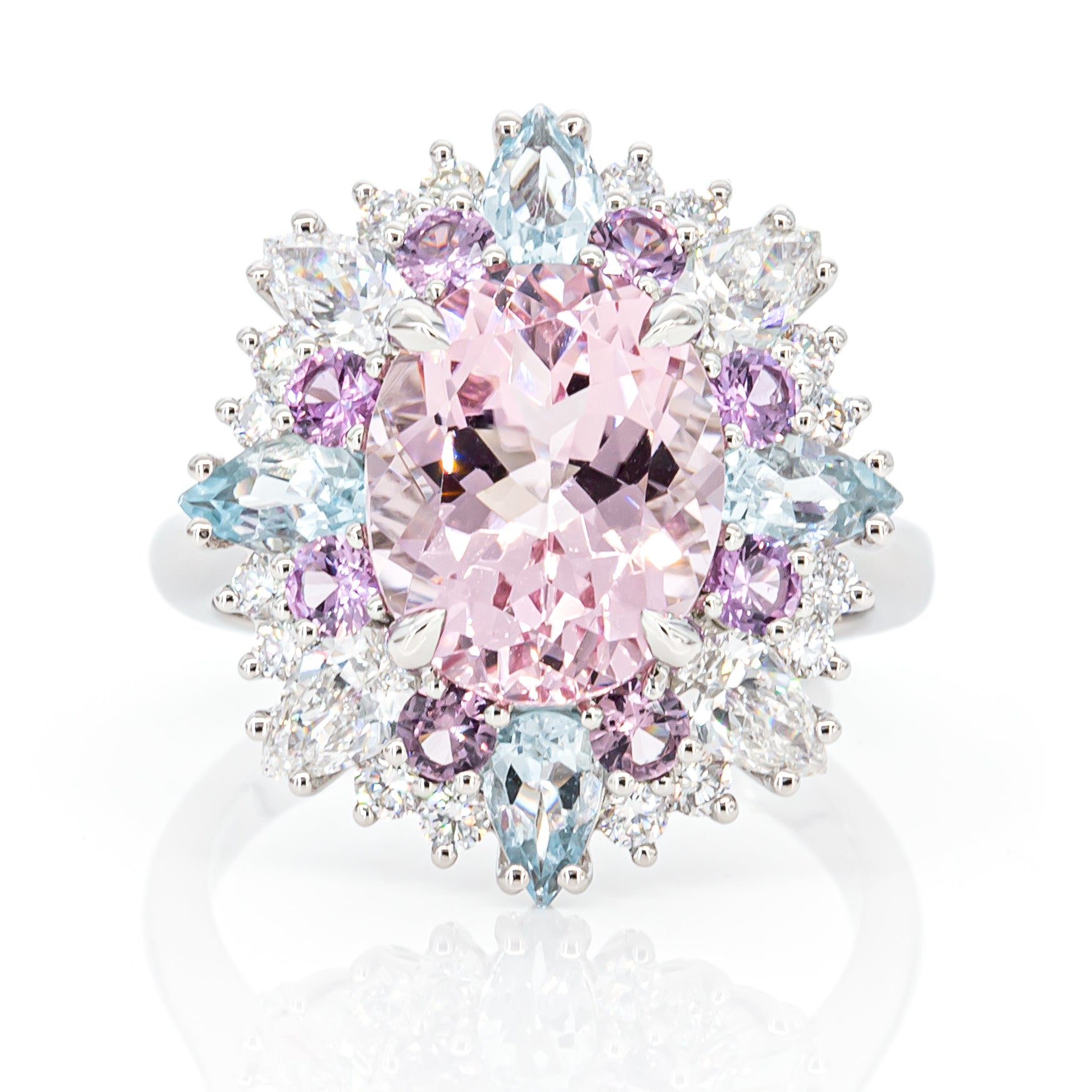 Top view of 3.33ct morganite and aquamarine diamond ring in PT950 platinum, featuring dual gemstones and halo of natural diamonds