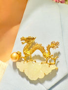 18K Yellow Gold Hetian Nephrite Jade & Pearl Dragon Brooch on Jacket