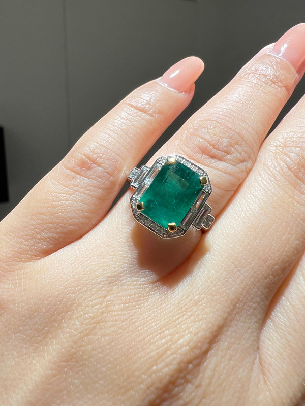 3.73ct Emerald Diamond Ring 18K White & Yellow Gold