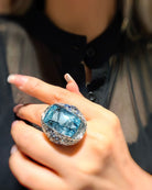 On Hand view of 29.20ct aquamarine and diamond ring in platinum PT950