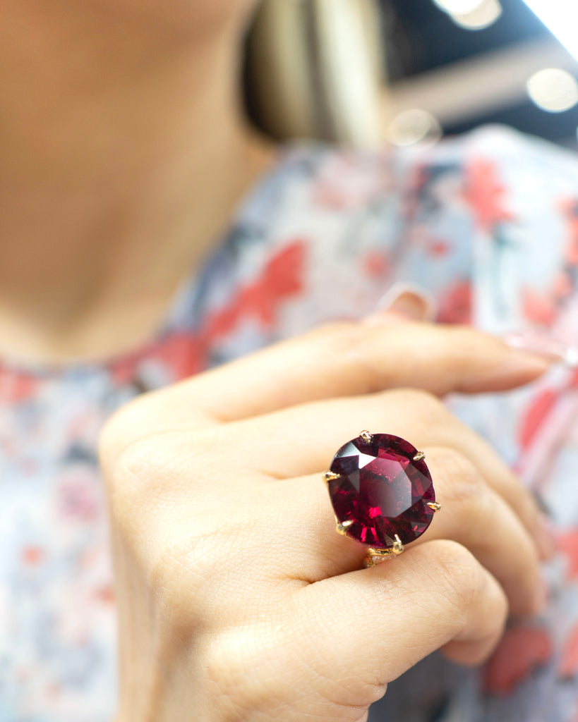 Angled rubellite and diamond ring in 18K yellow gold