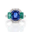 Top view of 3.06ct blue sapphire and 1.145ct emerald diamond interchangeable ring in platinum 