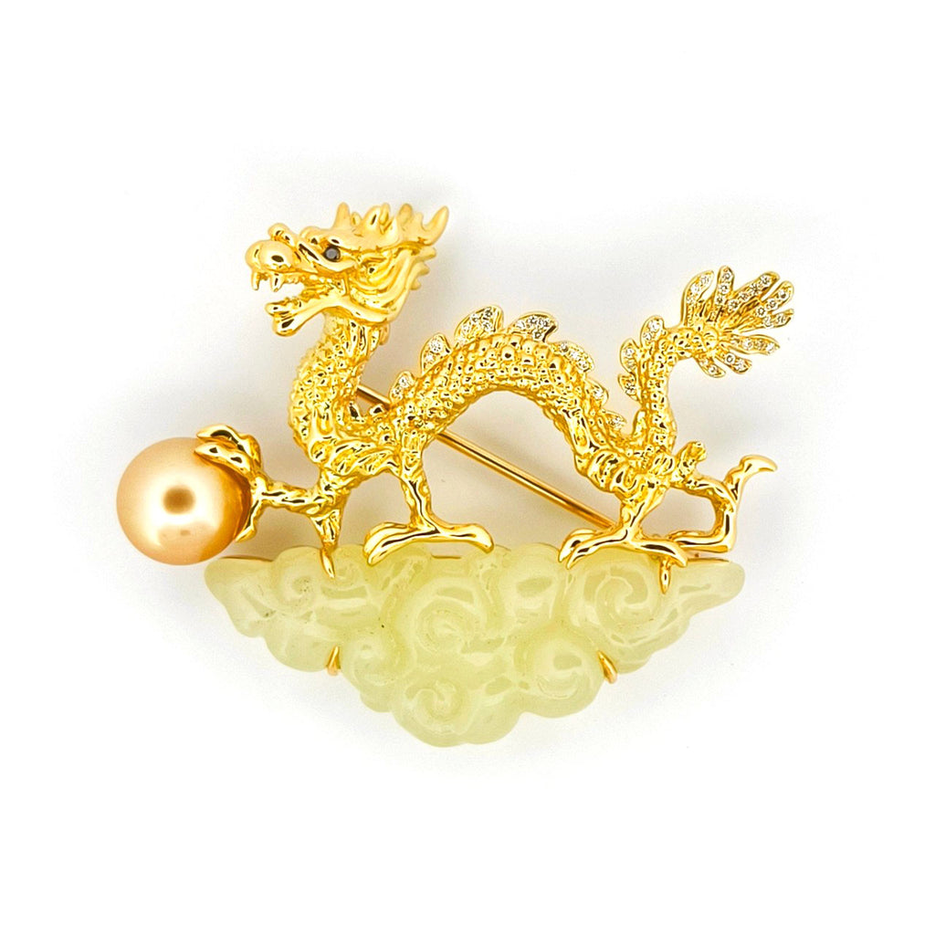 18K Yellow Gold Hetian Nephrite Jade & Pearl Dragon Brooch Front View