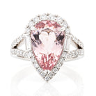 Top view of 3.52ct morganite and diamond halo ring in platinum PT950