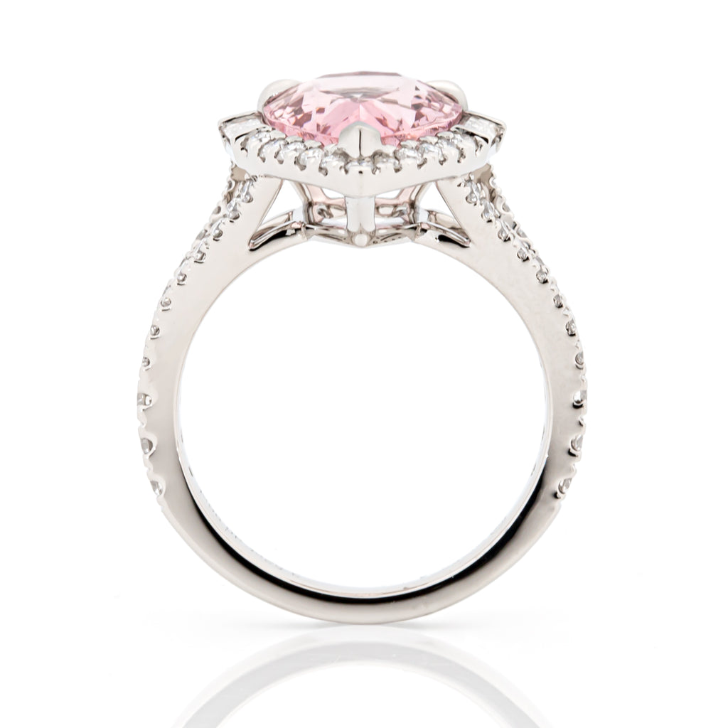 Profile angle showing morganite gemstone and diamond accents
