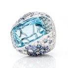 Angled perspective of aquamarine and diamond ring in PT950 platinum