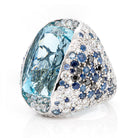 Angled perspective of aquamarine and diamond ring in PT950 platinum
