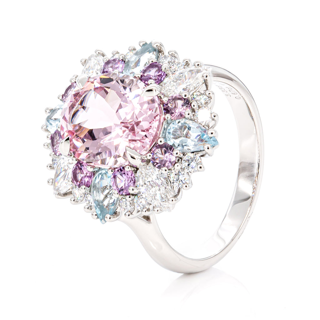 Angled view of 3.33-carat morganite and aquamarine diamond ring set in PT950 platinum with sparkling natural diamonds, elegant dual-gemstone design