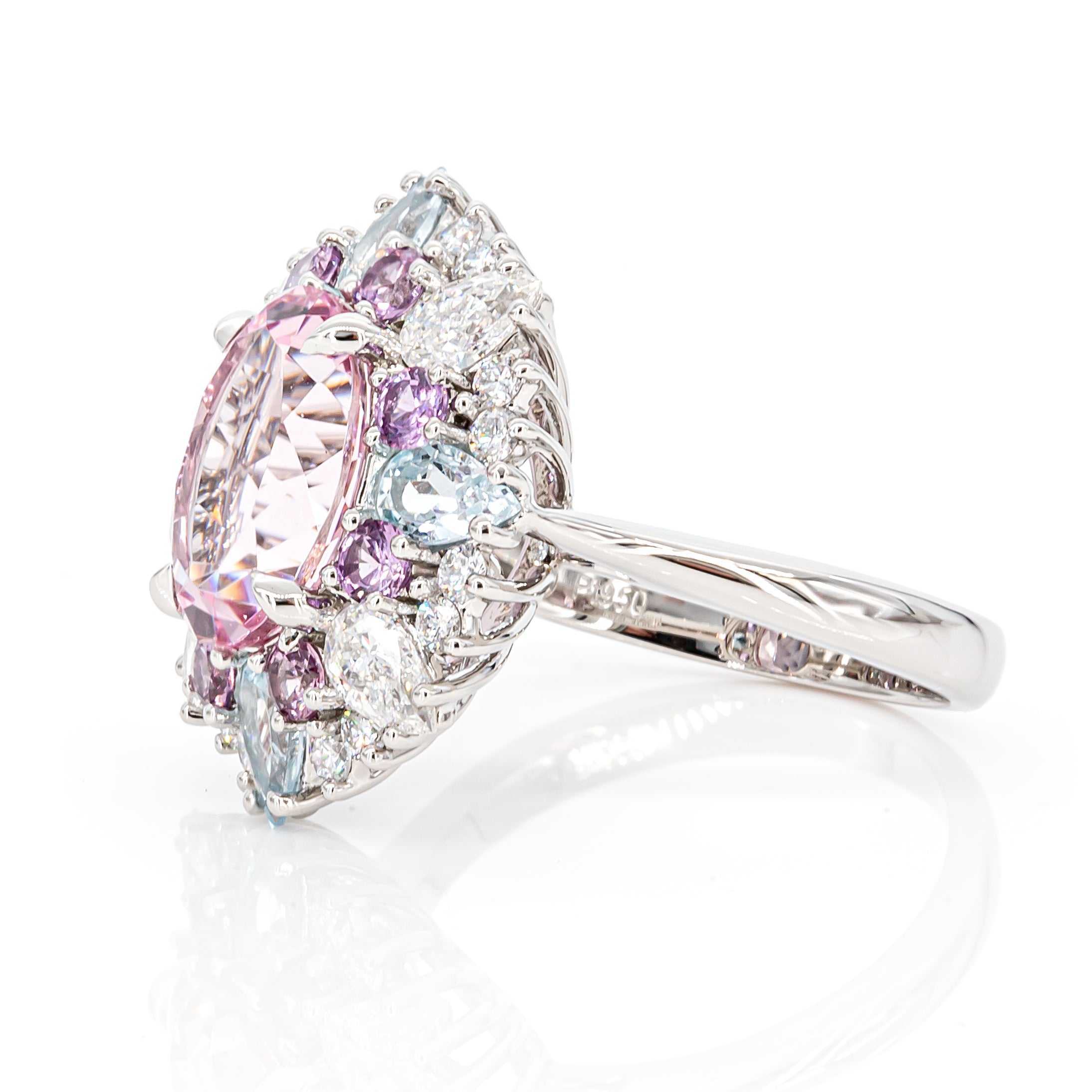 Angled view of 3.33ct morganite and aquamarine diamond ring in PT950 platinum, luxury dual-gemstone design with sparkling diamonds