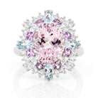 Top view of 3.33ct morganite and aquamarine diamond ring in PT950 platinum, featuring dual gemstones and halo of natural diamonds