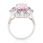 Side profile of 3.33ct morganite and aquamarine diamond ring in PT950 platinum, showcasing elegant setting and diamond accents