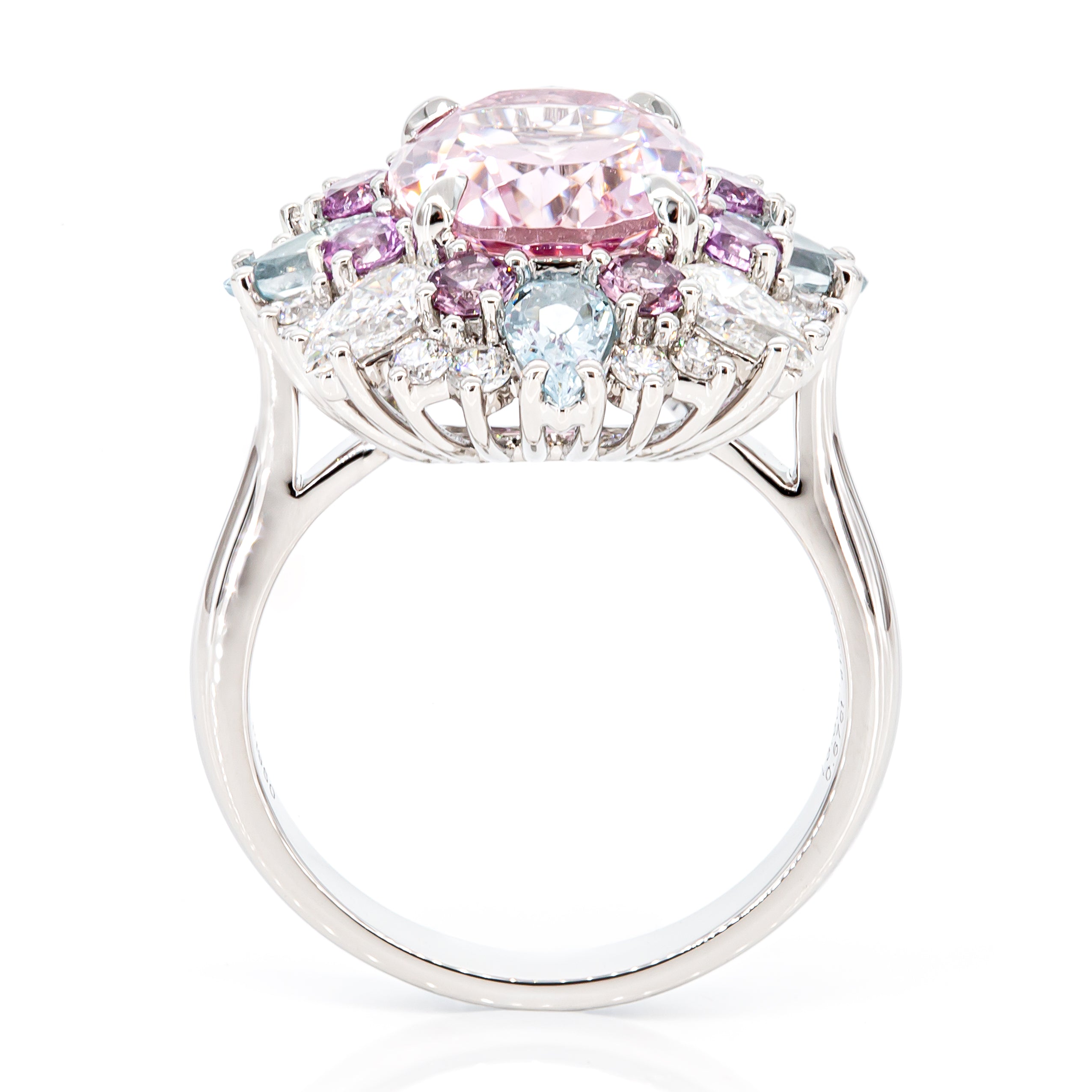 Side profile of 3.33ct morganite and aquamarine diamond ring in PT950 platinum, showcasing elegant setting and diamond accents
