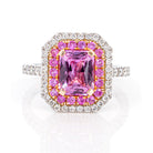 Top view of 2.05ct pink sapphire surrounded by brilliant diamonds in a halo design