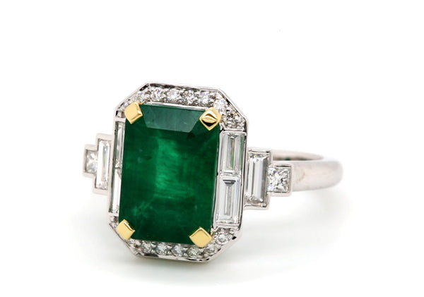 3.73ct Emerald Diamond Ring 18K White & Yellow Gold