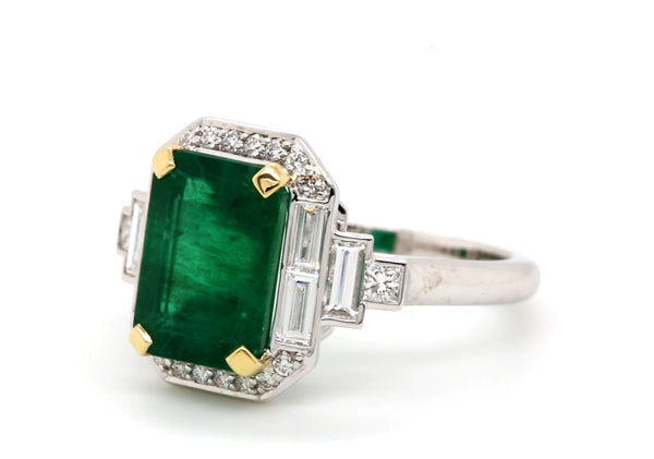 3.73ct Emerald Diamond Ring 18K White & Yellow Gold