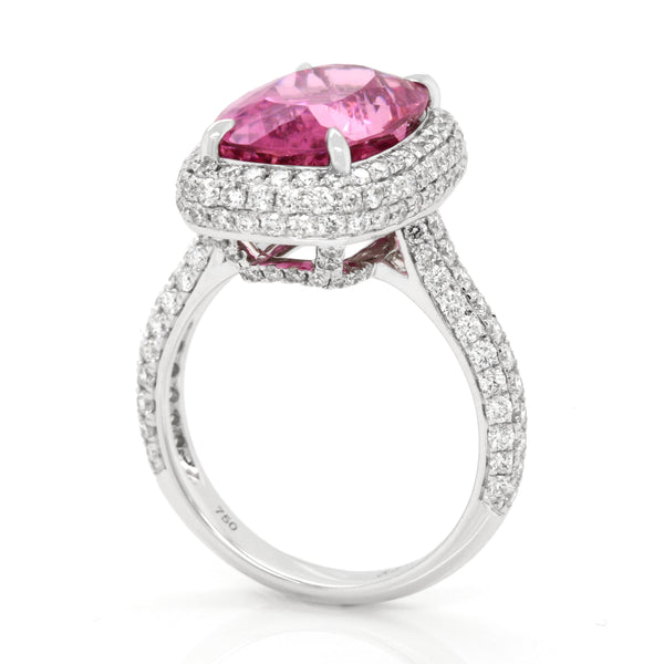 5.61ct Pink Cushion Tourmaline Diamond Ring in 18K White Gold