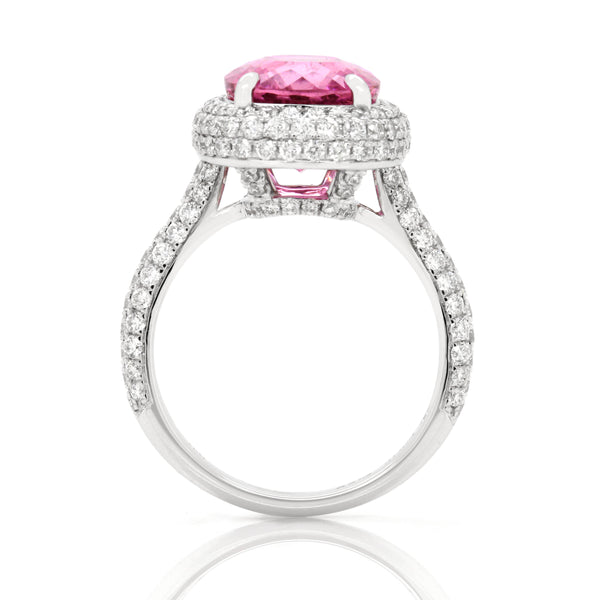 5.61ct Pink Cushion Tourmaline Diamond Ring in 18K White Gold