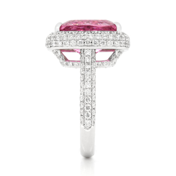 5.61ct Pink Cushion Tourmaline Diamond Ring in 18K White Gold