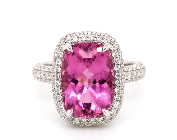5.61ct Pink Cushion Tourmaline Diamond Ring in 18K White Gold