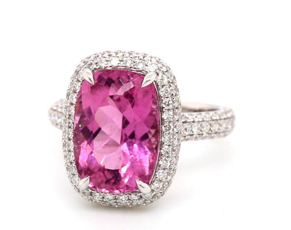 5.61ct Pink Cushion Tourmaline Diamond Ring in 18K White Gold